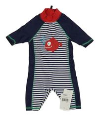 Nové - Tmavomodro-bílý pruhovaný UV overal s rybkou Mothercare
