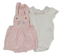2 set - Bílé body s výšivkou + růžové laclové bavlněné kraťasy s králíkem Nutmeg