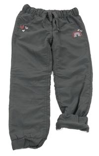 Tmavošedé zateplené šusťákové cuff kalhoty s výšivkami Topolino