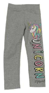 Šedé melírované tepláky s nápisem a jednorožcem 