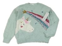 Nové - světlemodrý chlupatý svetr s jednorožcem a duhou z flitrů F&F