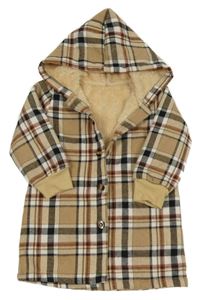 Béžovo-černý kostkovaný zateplený kabátek s kapucí 