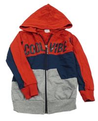 Červeno-modro-šedá propínací mikina s nápisem a kapucí 