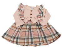 Růžové žebrované kostkované šaty 