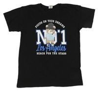 Černé tričko s nápisem a medvědem Page one young