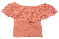 Růžový žabičkový crop top s volánem s madeirou New Look