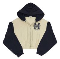 Tmavomodro-bílá propínací crop mikina s písmenem a kapucí H&M