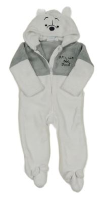 Bílo-šedá plyšová kombinéza s nápisem a kapucí - Mevídek Pú Disney