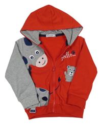 Červeno-šedá propínací mikina se zvířátky a kapucí 