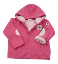 Růžová fleecová propínací zateplená mikina s výšivkami a kapucí 