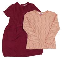 2set - Vínové pletené šaty + růžovo-vínové puntíkaté triko