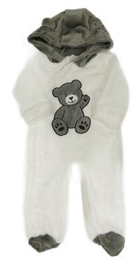 Bílo-šedá plyšová kombinéza s medvědem a kapucí 