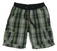 Šedo-černo-zelené kostkované plátěné kraťasy s úpletovým pasem John Baner