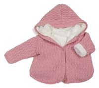 Růžový třpytivý žebrovaný zateplený propínací svetr s kapucí Matalan