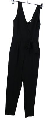 Dámský černý kalhotový overal s mašlí 