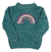 Modrý žinylkový svetr s duhou z flitrů Kiki&Koko