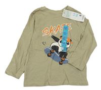 Nové - Khaki triko s pandou na skateboardu Primark