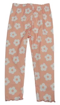 Růžovo-bílé žebrované legíny s květinami 