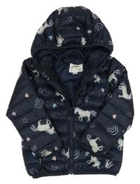 Tmavomodrá šusťáková prošívaná lehká zateplená bunda s jednorožci a kapucí Lupilu