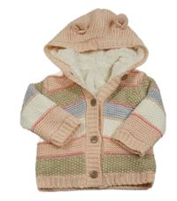 Světlerůžovo-bílo-zelený pruhovaný zateplený propínací svetr s kapucí George