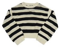 Smetanovo-černý pruhovaný perforovaný crop svetr H&M