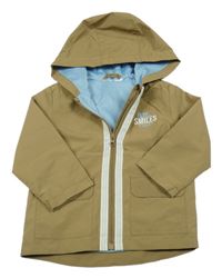 Písková šusťáková jarní bunda s nápisy a kapucí