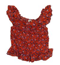 Červená kytičkovaná žabičková halenka s odhalenými rameny Primark 