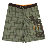 Khaki-hnědé kostkované plážové kraťasy s nápisem a palmami H&M