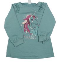 Zelenošedá dlouhá mikina s jednorožcem a volánky Kiki&Koko