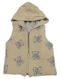 Béžová bavlněná zateplená vesta s medvídky a kapucí 