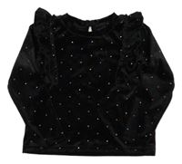 Černé sametové triko s puntíky a volánky Dunnes