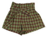 Černo-limetkovo-růžové kostkované kraťasy s páskem 