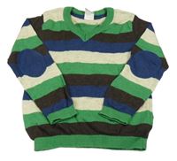 Zeleno-kávovo-modrý pruhovaný vlněný svetr s náloketníky H&M