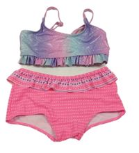 Neonově růžovo-duhové dvoudílné plavky 