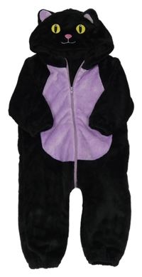 Kostým - Černo-lila chlupatá kombinéza s kapucí - kočka