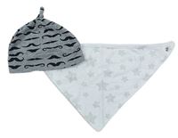 2Set - Šedo-černá melírovaná vzorovaná čepice + bílý šátek/slinták s hvězdičkami Bhs