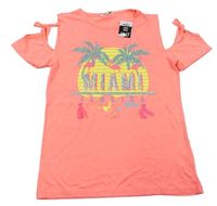 Neonově oranžové melírované tričko s nápisem a flitry a palmami a plameňáky a volnými rameny zn. PEP&CO