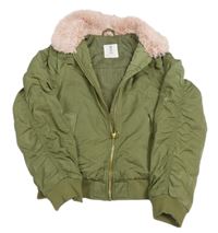 Khaki šusťákový zateplený crop bomber s kožešinovým límečkem H&M