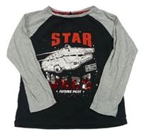 Černo-šedé melírované pyžamové triko s flotilou - Star Wars a překlápěcími flitry Tu