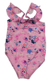 Růžové jednodílné plavky s kytičkami a lístečky a volánky dopodopo