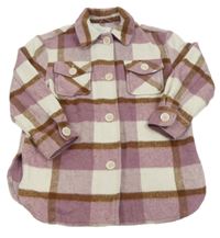 Starofialovo-bílo-hnědá kostkovaná vlněná košilová bunda PRIMARK