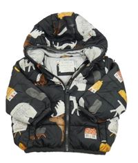 Černá prošívaná šusťáková zateplená bunda se zvířátky a domečky a kapucí M&S