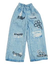 Modro-bílé wide leg kalhoty riflového vzhledu s nápisy a srdíčky a květem