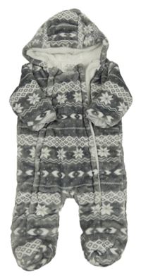 Šedo-bílá vzorovaná plyšová zateplená kombinéza s vločkami a kapucí F&F