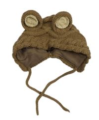 Hnědá vzorovaná vlněná zavazovací čepice s oušky