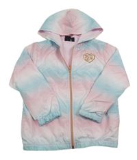 Světlemodro/růžová batikovaná šusťáková jarní bunda se zlatým srdíčkem a kapucí BODY GLOVE