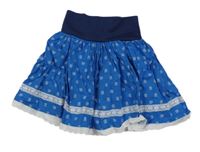 Modro-tmavomodrá plátěná sukně s kytičkami a krajkou a madeirou