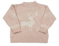 Světlerůžový chlupatý svetr s jelenem