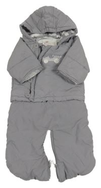 Šedá šusťáková zimní kombinéza s autíčkem a kapucí Vertbaudet