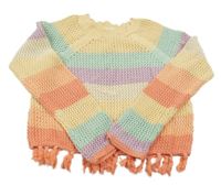 Barevný pruhovaný ažurový crop svetr s třásněmi Next